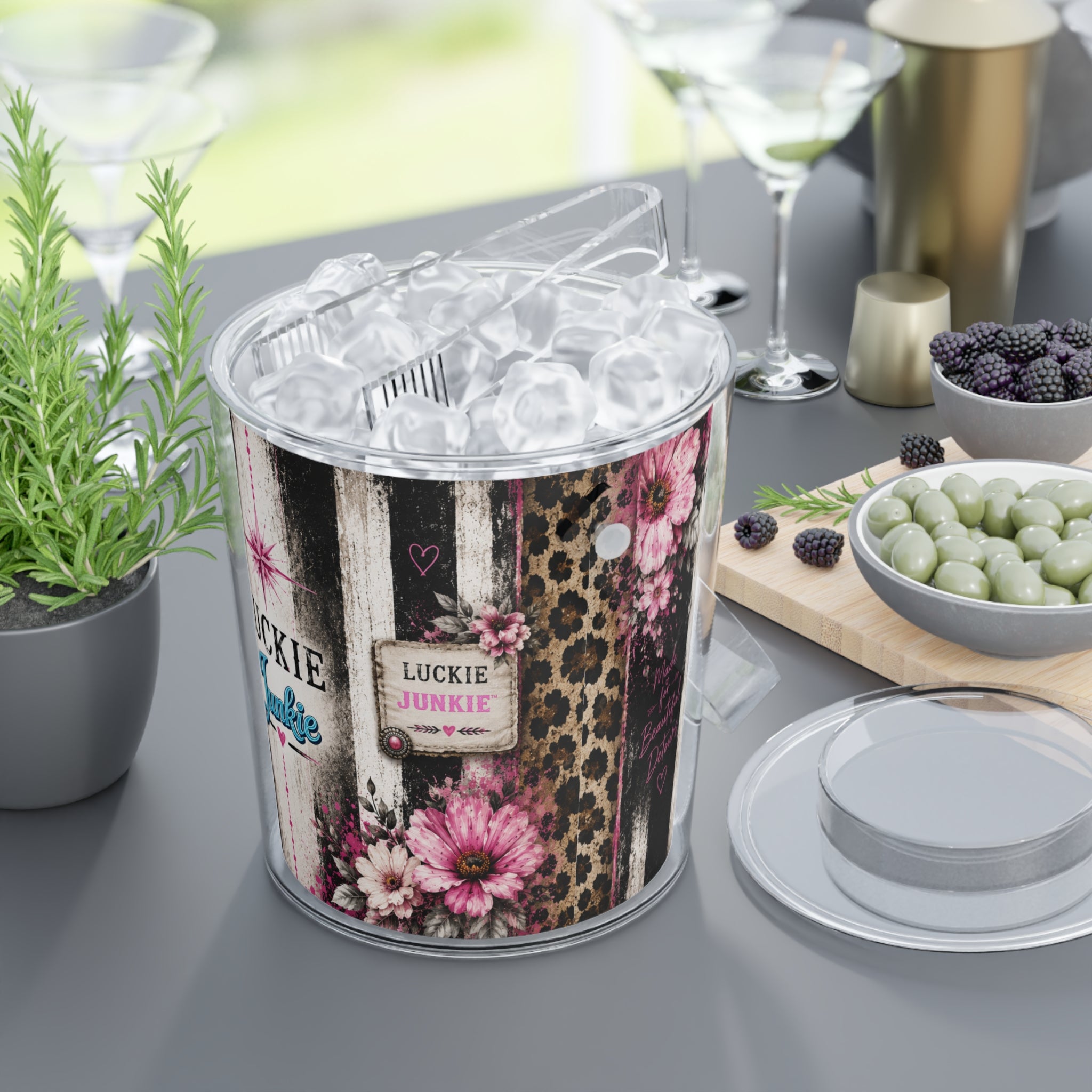 Luckie Junkie™  Ice Bucket with Tongs — 'Luckie Junkie' Floral & Leopard Party Ice Bucket