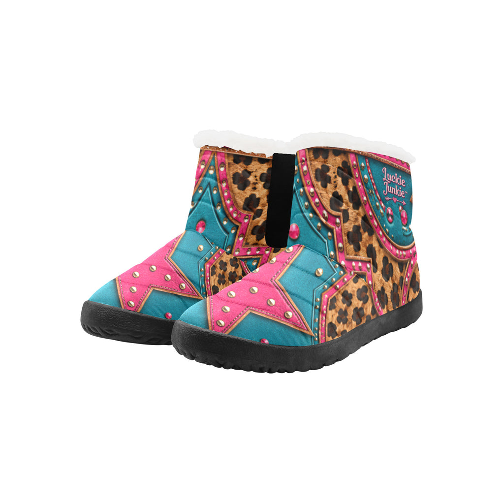 Pair of Luckie Junkie Wild Star Winter Boots shown at an angle, featuring turquoise, pink star, leopard-print and stud details with black soles.