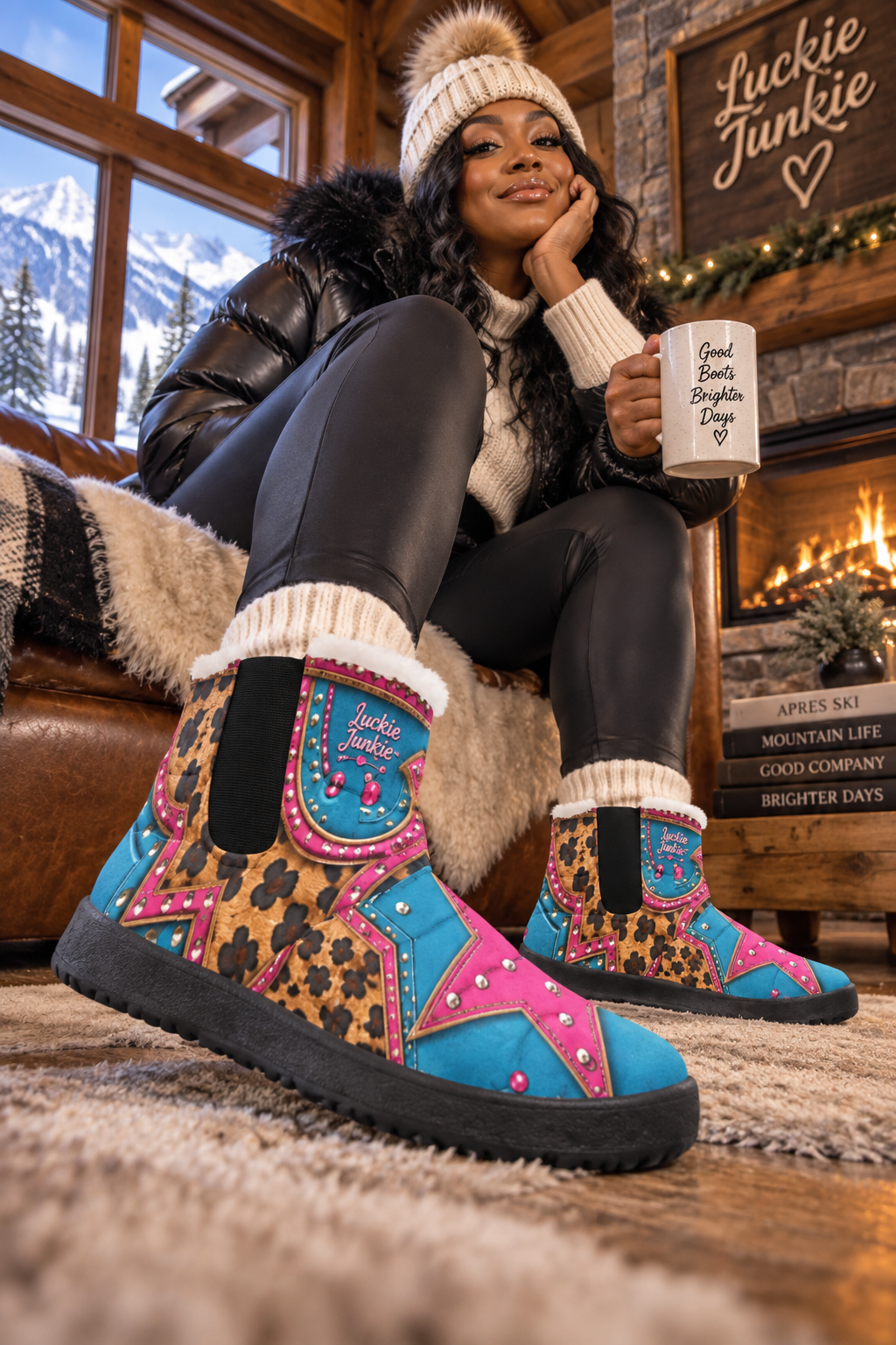 Woman wearing Luckie Junkie Wild Star Winter Boots in colorful leopard, turquoise and pink beside a fireplace in a cozy mountain lodge setting.