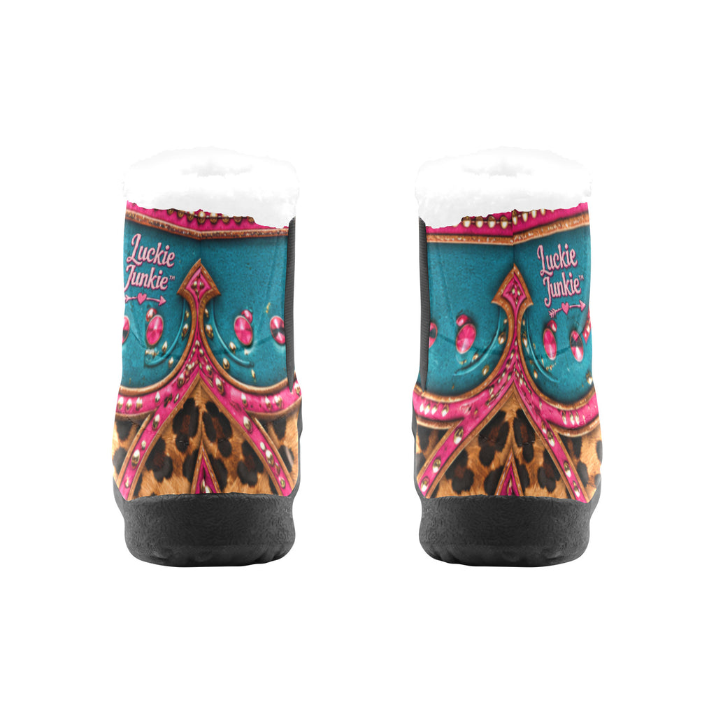 Rear view of Luckie Junkie Wild Star Winter Boots showing turquoise, pink and leopard detailing, branded heel panels and black soles.