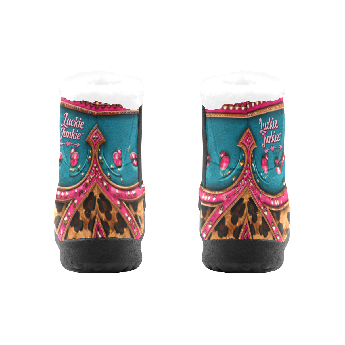 Rear view of Luckie Junkie Wild Star Winter Boots showing turquoise, pink and leopard detailing, branded heel panels and black soles.