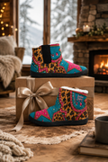 Luckie Junkie Wild Star Winter Boots in colorful leopard, turquoise and pink print with black soles and cozy white lining, styled beside a wrapped gift in a warm winter setting.