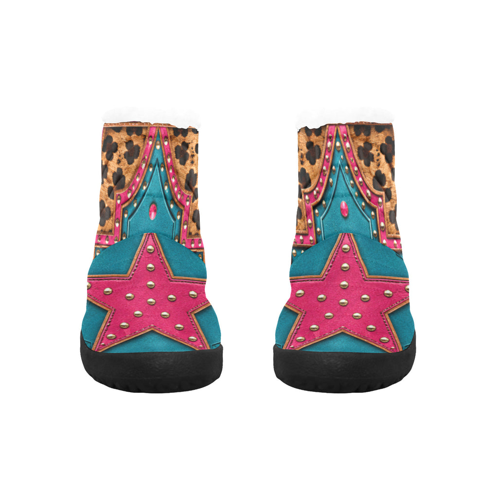 Front view of Luckie Junkie Wild Star Winter Boots featuring bold pink star panels, turquoise accents, leopard print, stud detailing and black soles.
