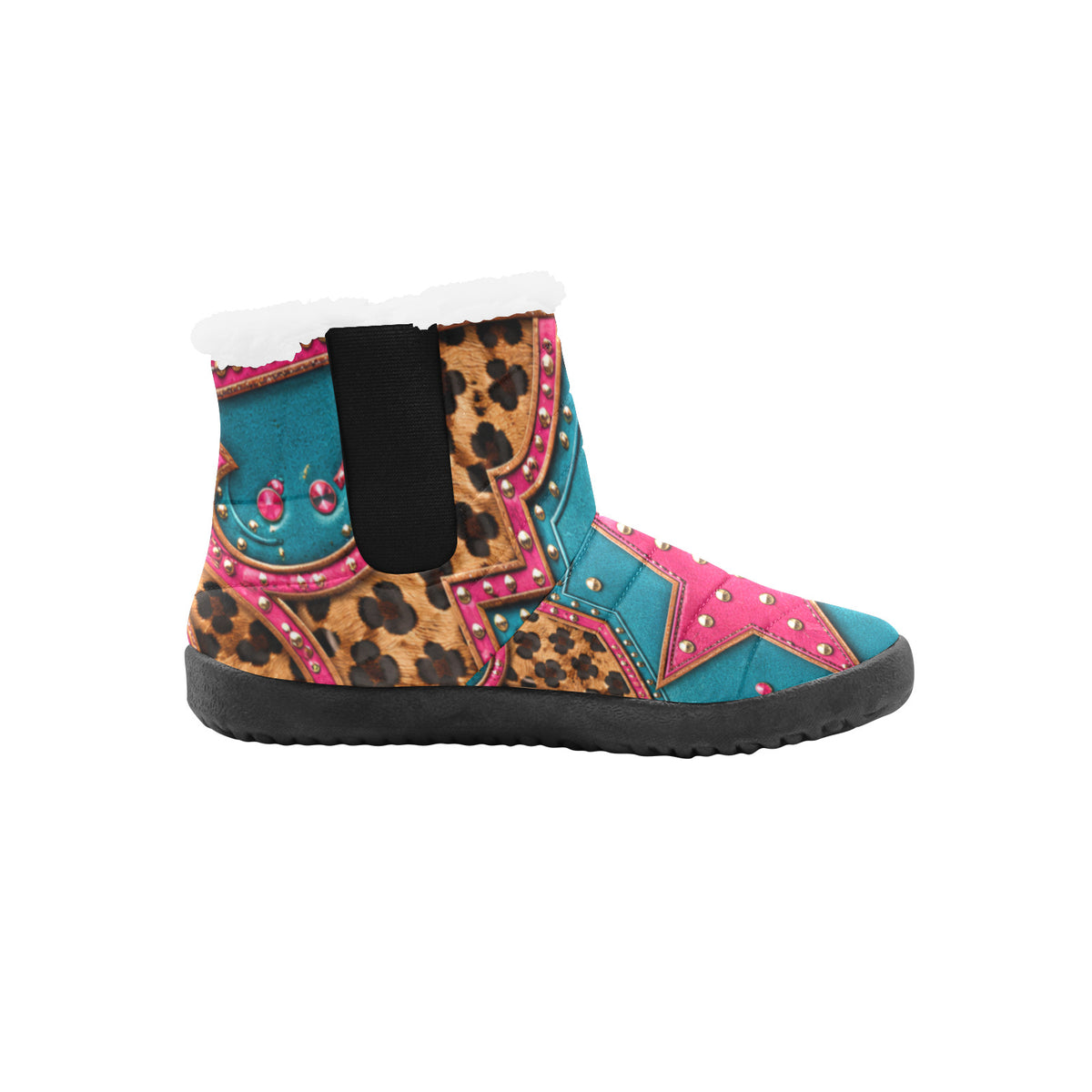 Luckie Junkie Wild Star Winter Boot shown from the inner side, featuring colorful leopard, turquoise and pink detailing with a black sole.