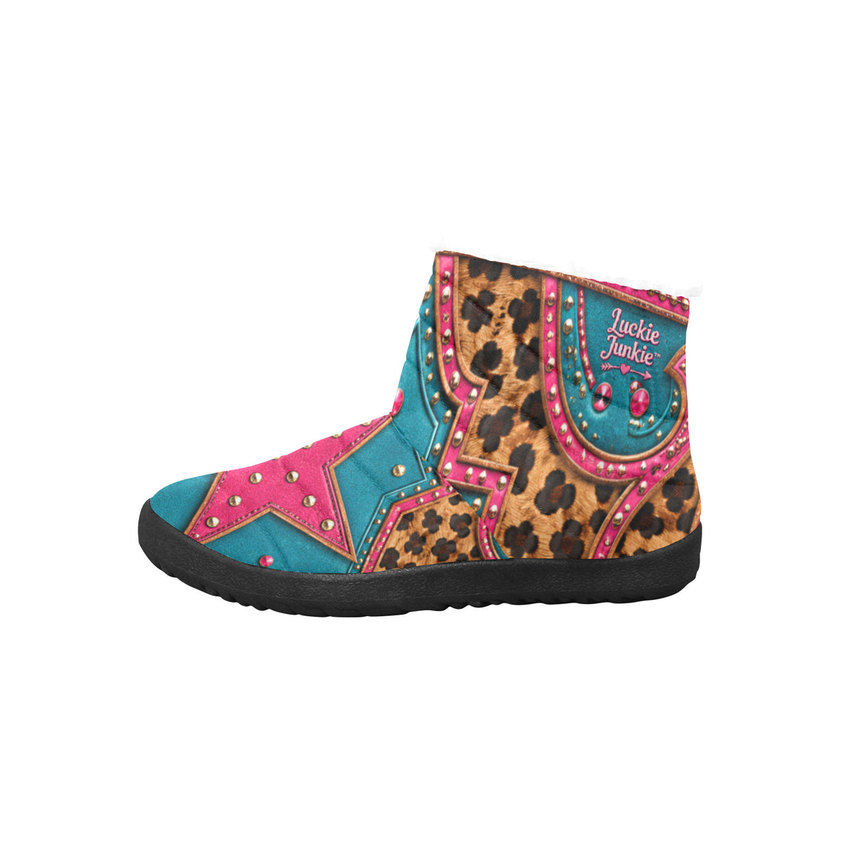 Luckie Junkie Wild Star Winter Boot shown from the side with colorful leopard, turquoise and pink star details, black sole, and branded ankle panel.