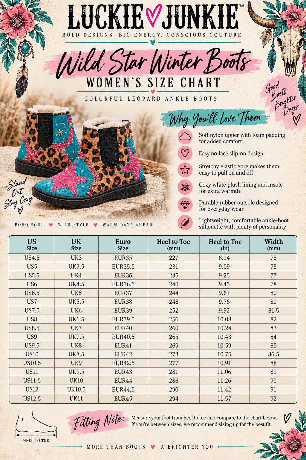 Size chart for Luckie Junkie Wild Star Winter Boots showing available shoe sizes and corresponding foot-length measurements.