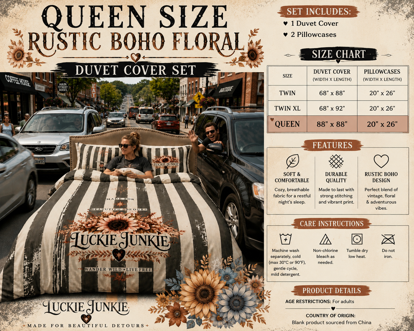 Luckie Junkie™ Queen size Rustic Boho Floral Duvet Cover Set