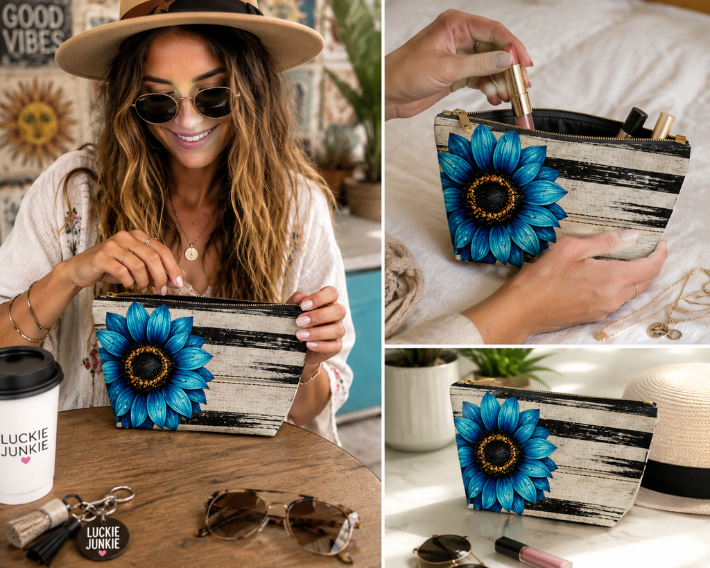 Lifestyle collage showing the Boho Sunflower Makeup Bag with black-and-beige vintage stripes, bright blue sunflower artwork, black zipper, and upright T-bottom shape used for makeup and everyday essentials.