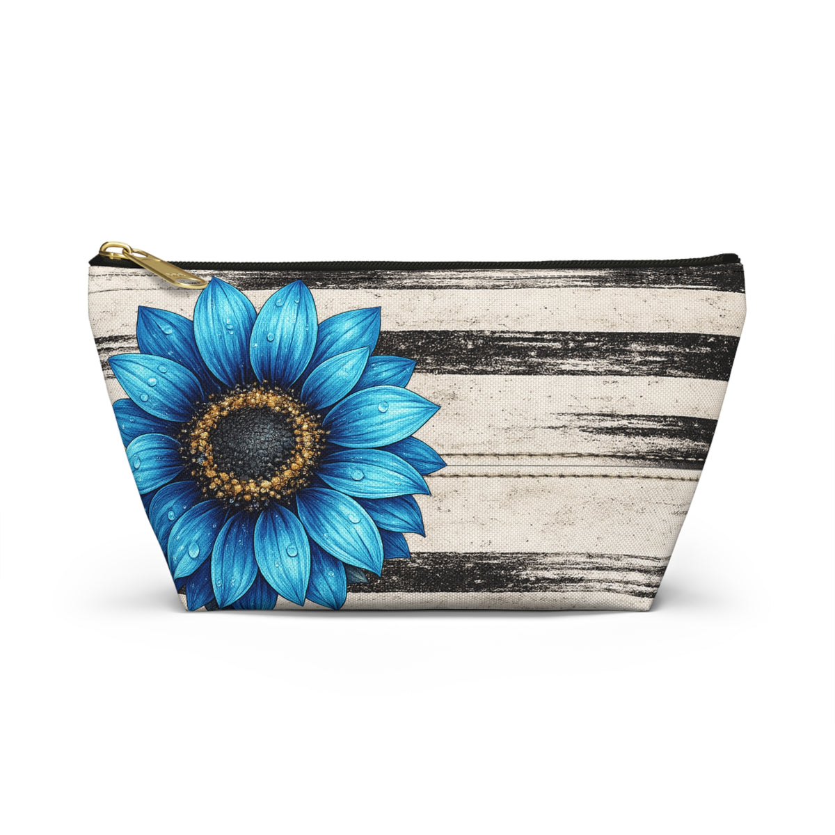 Boho Sunflower Makeup Bag with black-and-beige vintage stripes, large blue sunflower artwork, black zipper and upright T-bottom shape.