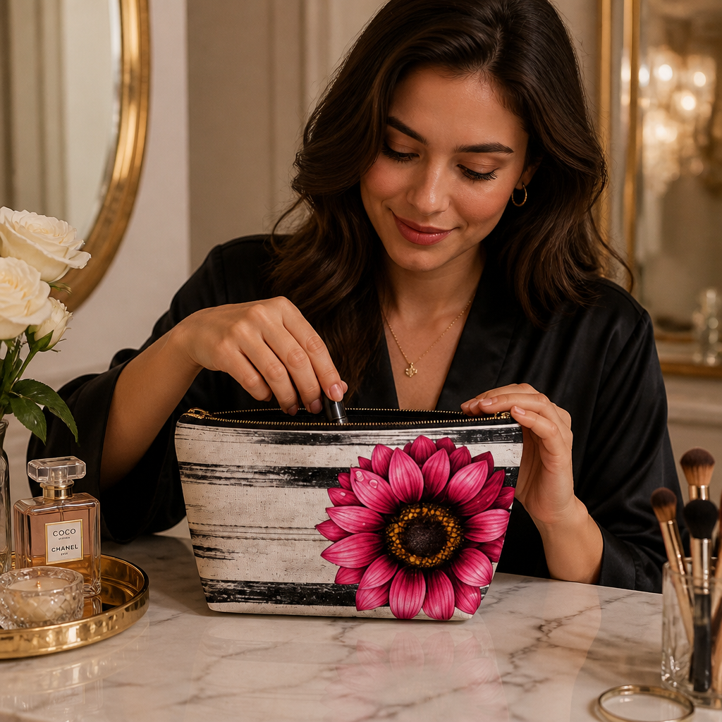 Woman at a vanity using the Boho Sunflower Makeup Bag with black-and-beige vintage stripes, large pink sunflower artwork, black zipper and upright T-bottom shape.