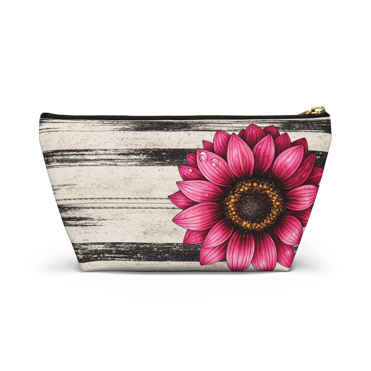 Boho Sunflower Makeup Bag with black-and-beige vintage stripes, large pink sunflower artwork, black zipper and upright T-bottom shape.