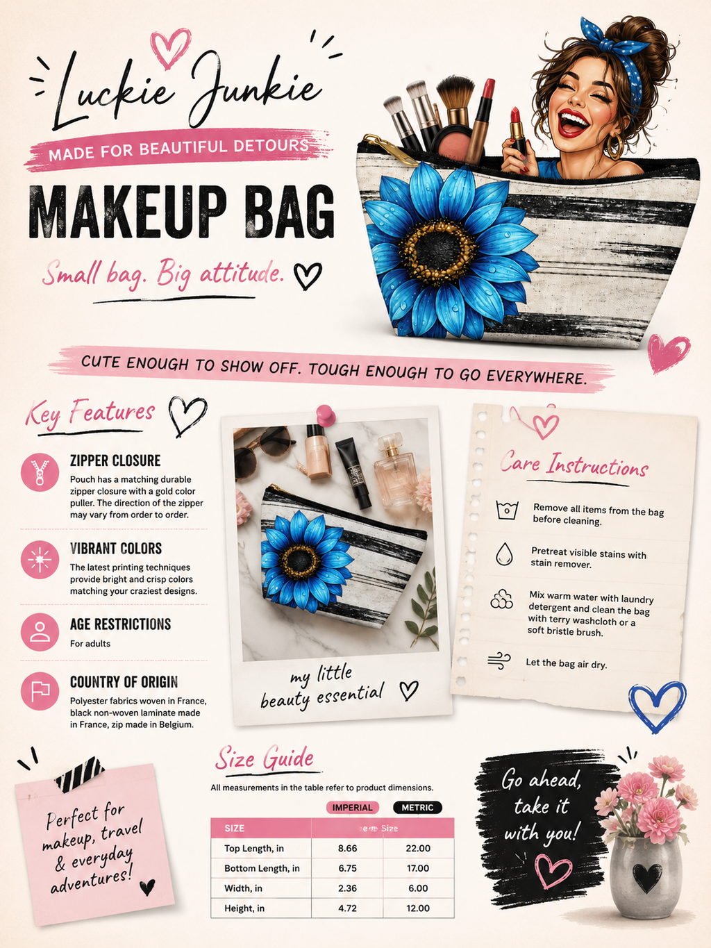 Boho Sunflower Makeup Bag size chart and care guide with pouch dimensions, 100% polyester material, zipper closure, cleaning instructions and air-dry care.
