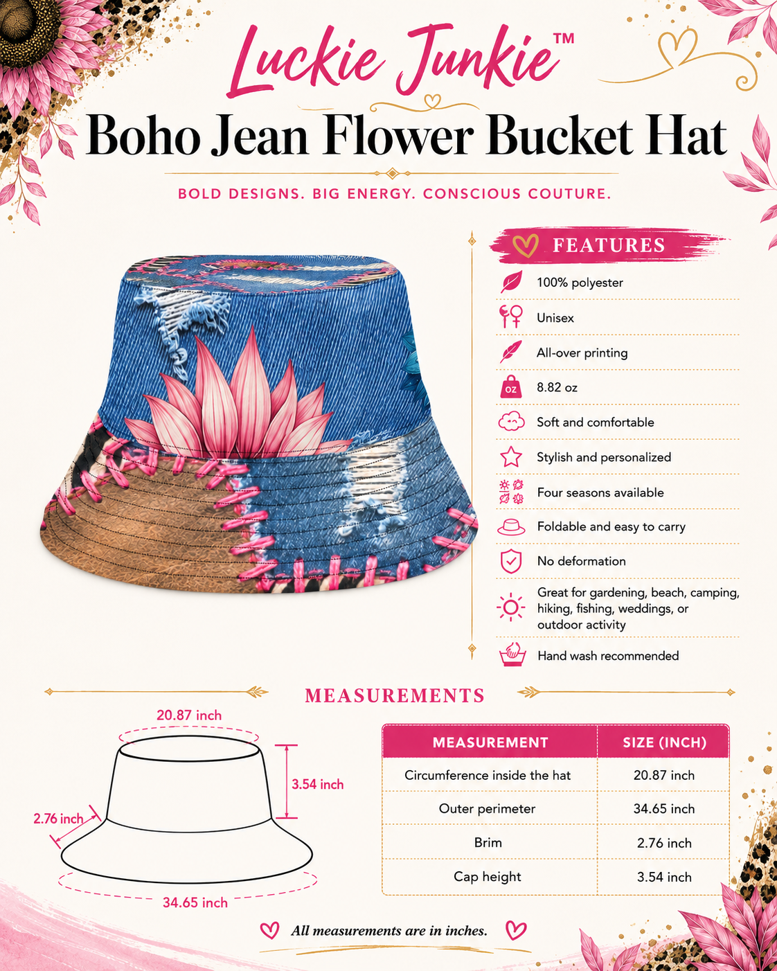 Boho Jean Flower Bucket Hat