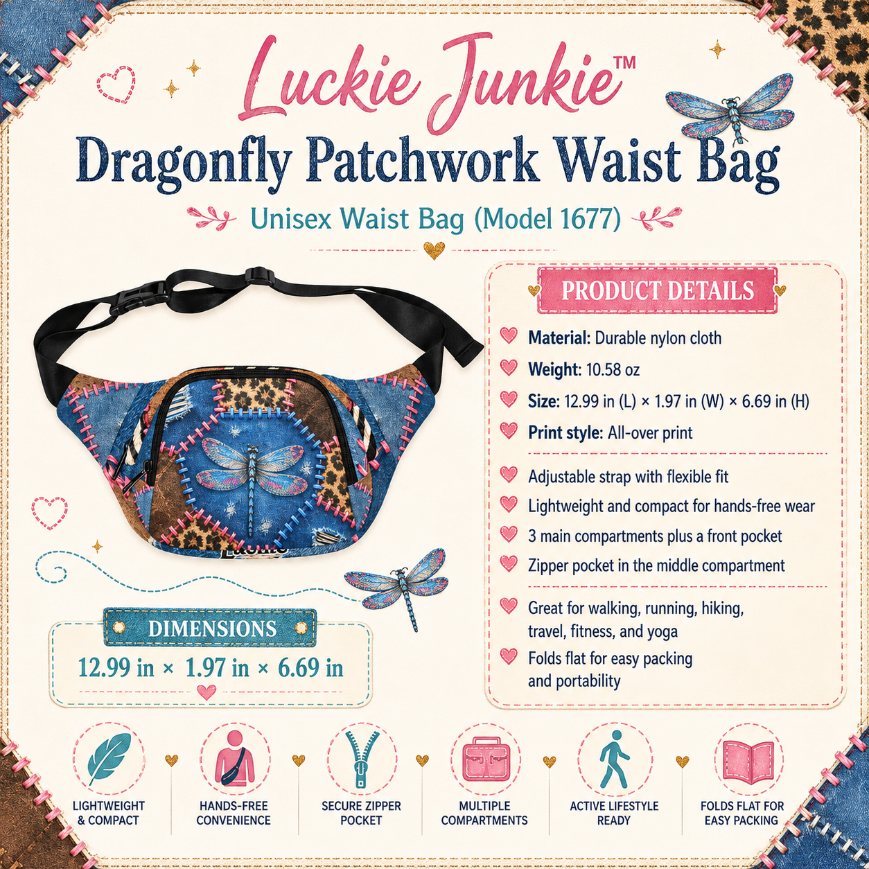 Luckie Junkie™ Dragonfly Patchwork Fanny Bag