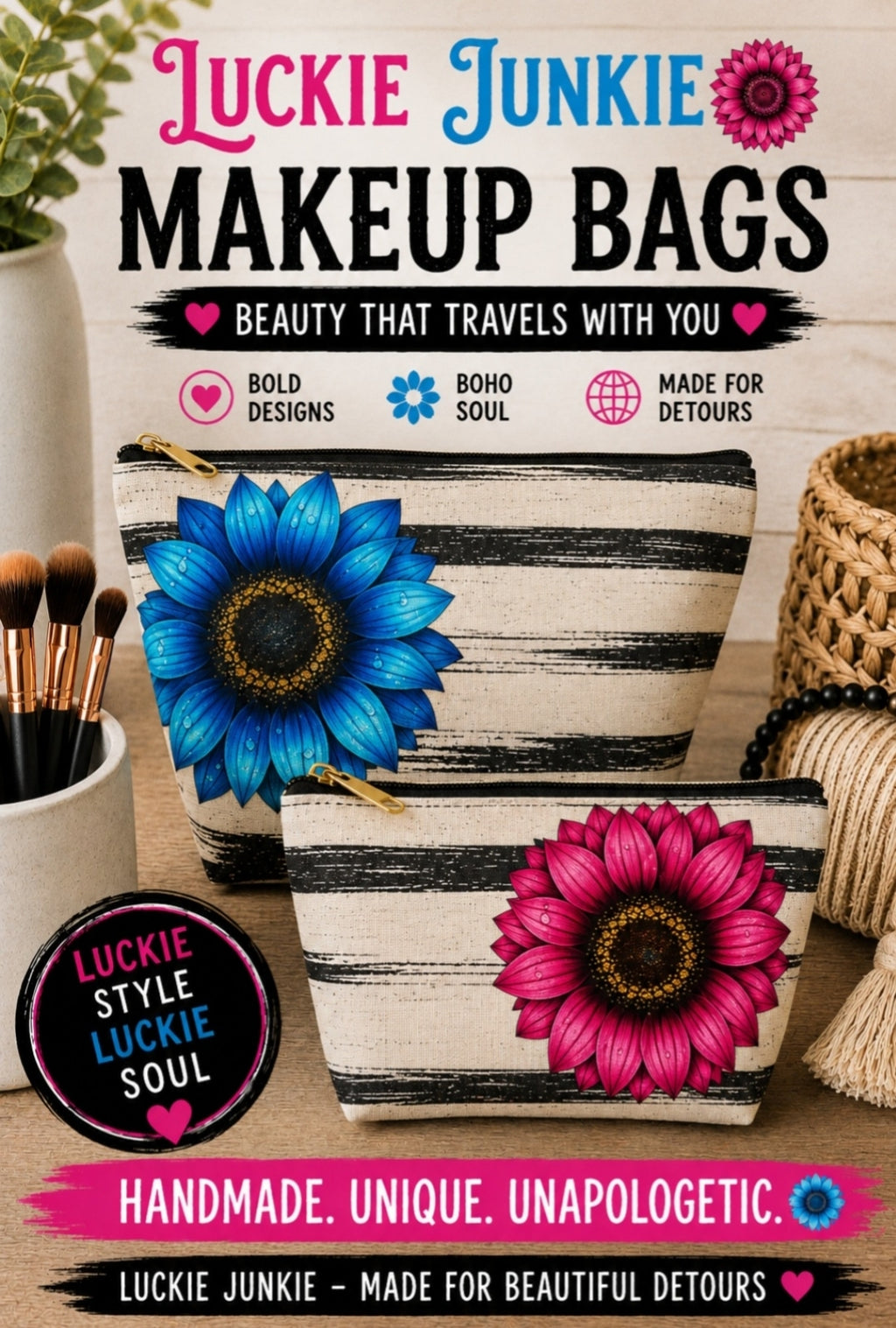 Luckie Junkie makeup bag poster featuring pink and blue sunflower cosmetic pouches with black-and-beige vintage stripes, gold zipper pulls and upright T-bottom shape.