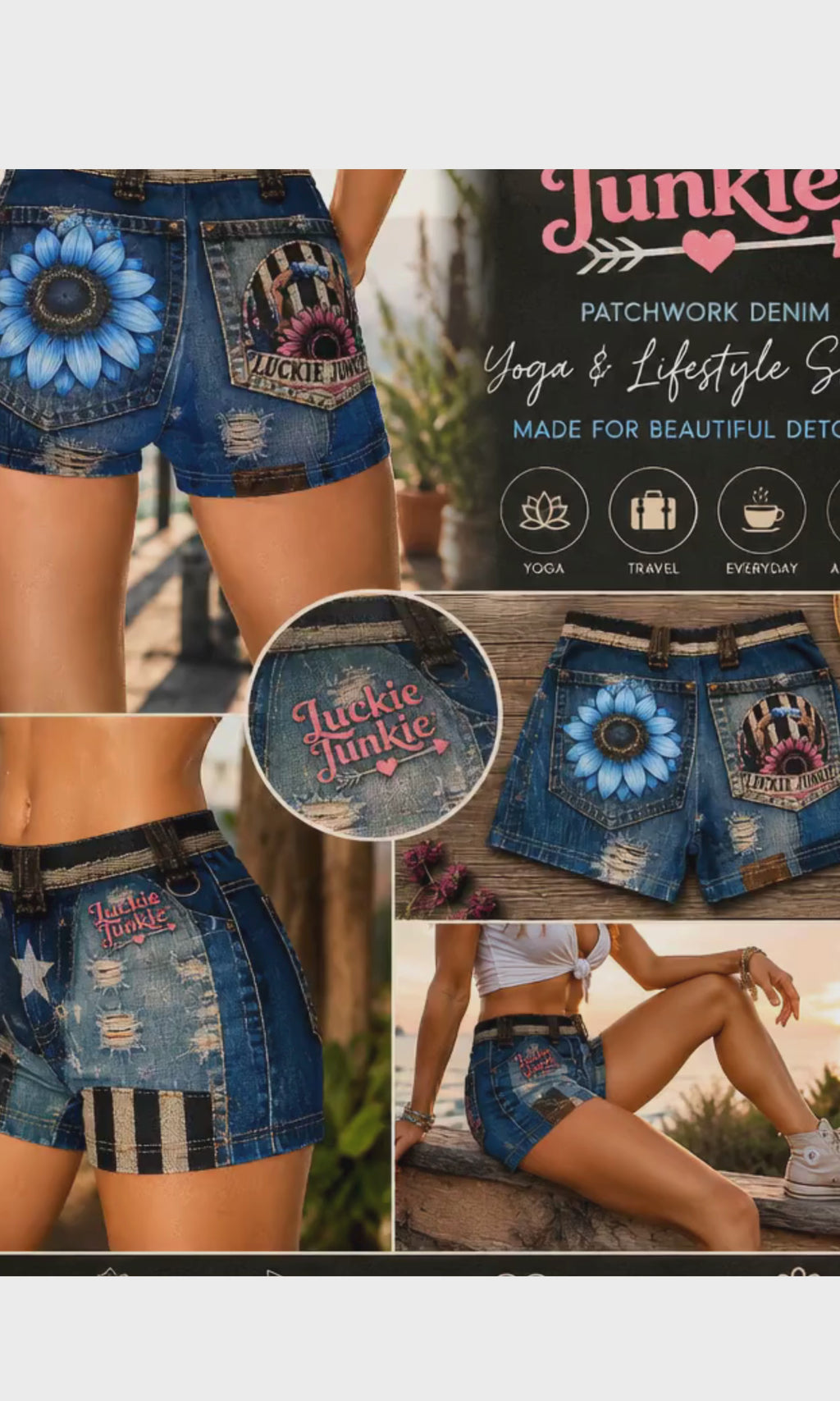 Luckie Junkie™ Patchwork Denim Yoga & Lifestyle Shorts