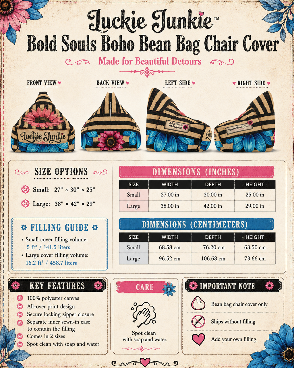 Luckie Junkie™ Bold Souls Boho Bean Bag Chair Cover | Statement Floor Lounger