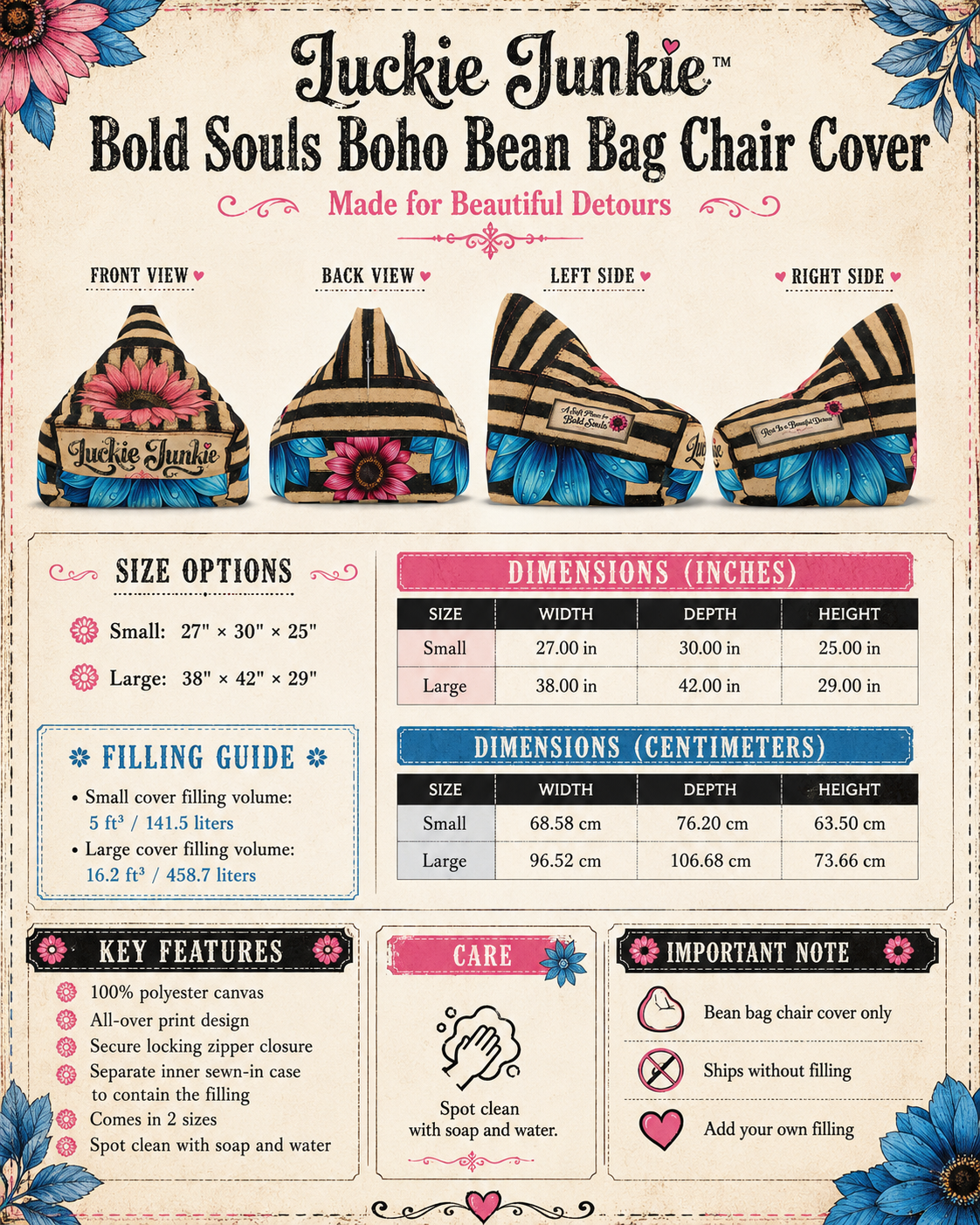 Luckie Junkie™ Bold Souls Boho Bean Bag Chair Cover | Statement Floor Lounger