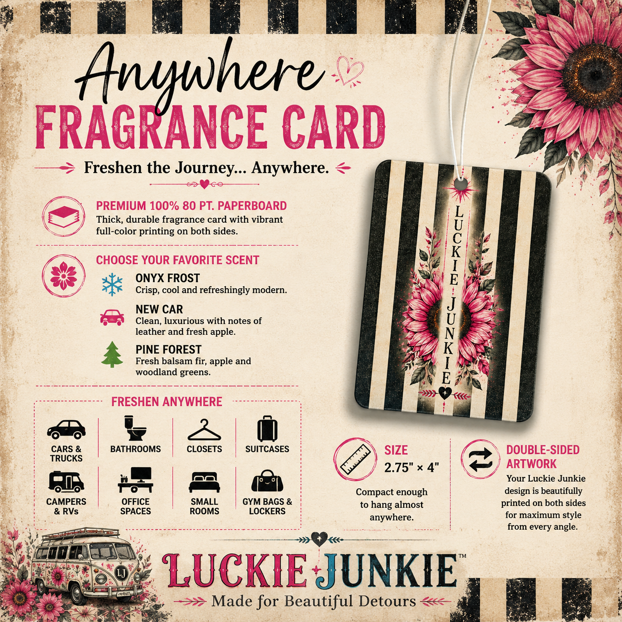 Luckie Junkie™ Floral Stripe Car Air Freshener | Pink Flower, Vintage Vibe