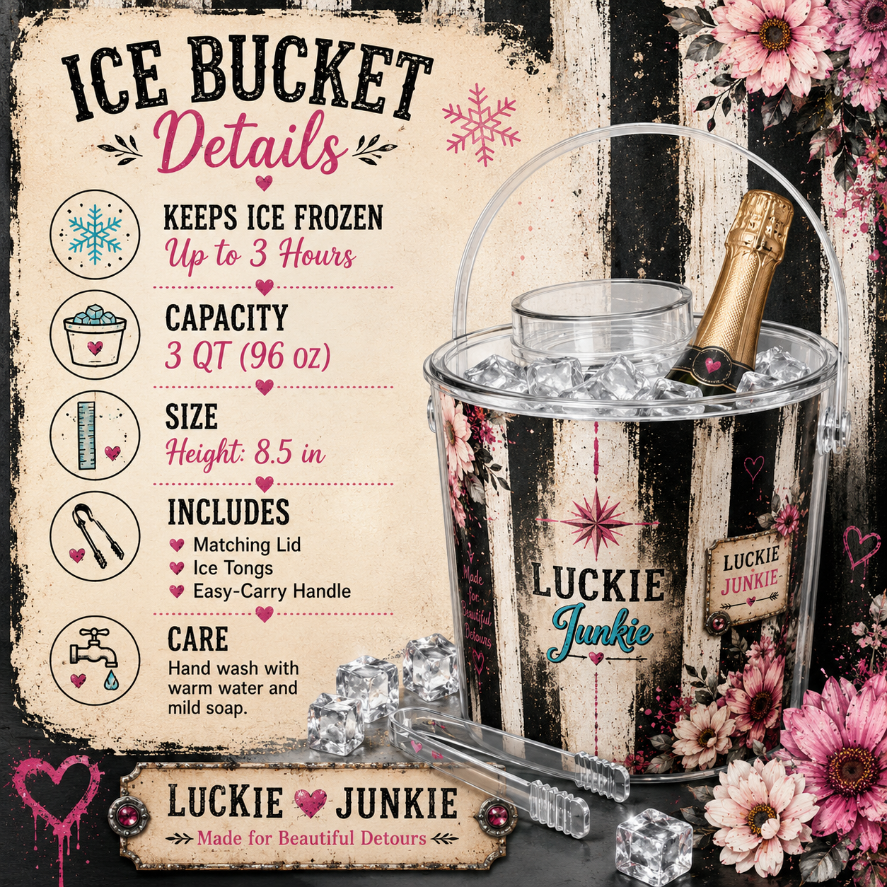 Luckie Junkie™  Ice Bucket with Tongs — 'Luckie Junkie' Floral & Leopard Party Ice Bucket