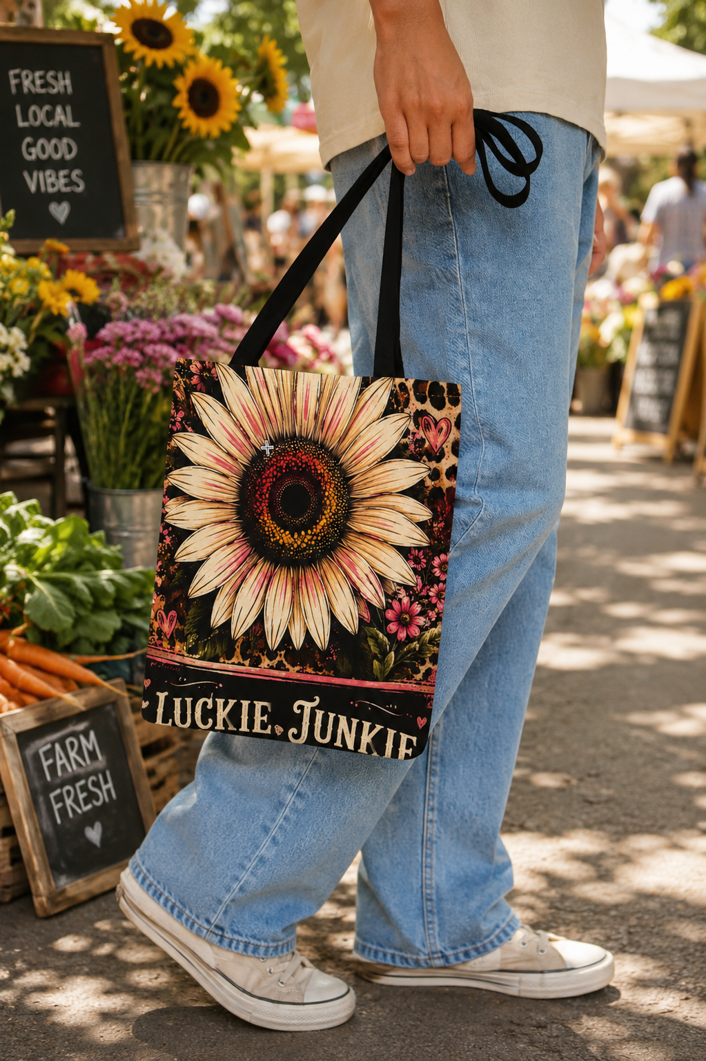 Luckie Junkie™ Leopard Sunflower Tote Bag | Vintage Boho Canvas Market Bag | Everyday Adventure Shoulder Tote | Floral Animal Print Carryall
