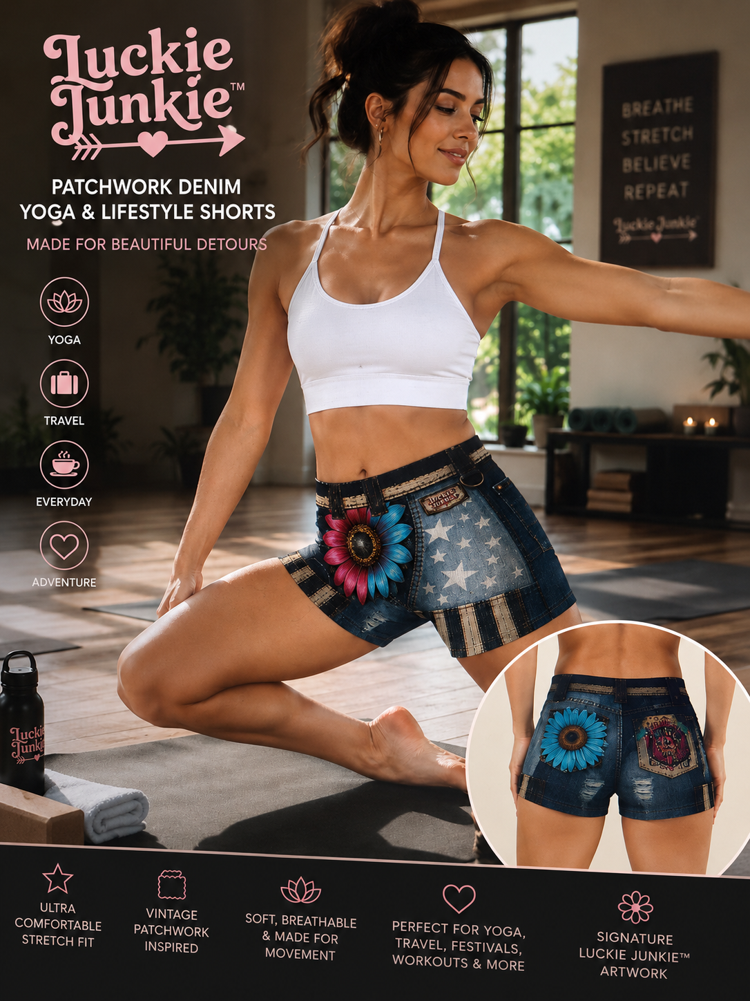 Luckie Junkie™ Patchwork Denim Yoga & Lifestyle Shorts